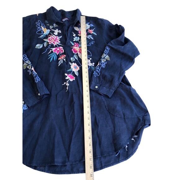 JOHNNY WAS Floral Embroidered Navy Tunic Shirt Top Boho Chic Size Large - Picture 5 of 12